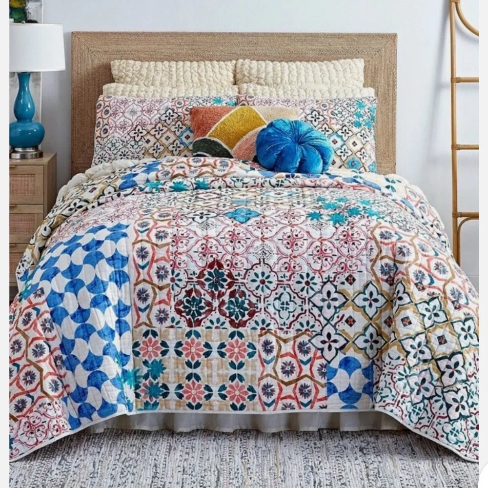 NWT STUDIO D Caitlyn tile patchwork Multicolor Mosaic Quilt Set and shams